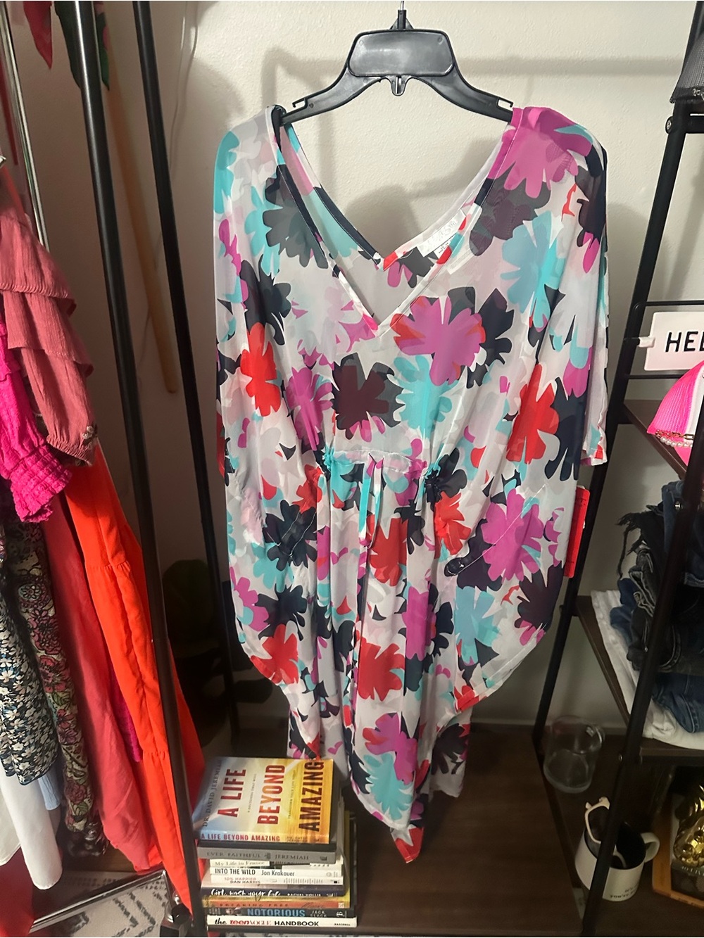 Magicsuit Floral Cover-Up in White with Pink, Red, Teal & Black Blossoms - Picture 2 of 5